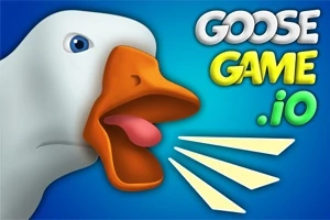 Një patë me sqep të hapur dhe gjuhë të dukshme në një sfond blu, me tekstin GOOSE GAME 