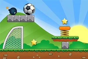 Top me futboll, bombë, dhe yje mbi platforma me një portë, sfond mali dhe diell