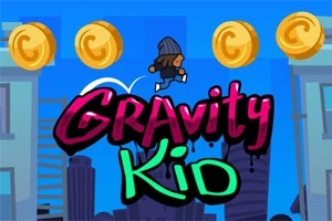 Një person me kapuç duke vrapuar mbi ndërtesa në një sfond urban, me monedha ari në ajër dhe tekstin Gravity Kid në vend të dukshëm