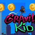 Një person me kapuç duke vrapuar mbi ndërtesa në një sfond urban, me monedha ari në ajër dhe tekstin Gravity Kid në vend të dukshëm