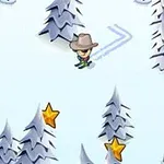 Një skiator me kapelë meksikane zbret një mal të mbuluar me dëborë, i rrethuar nga pemë, yje të artë dhe njerëz dëbore