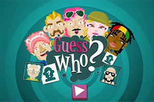 Karaktere të ilustruara me fytyra të ndryshme mbi një sfond jeshil, me tekstin Guess Who?