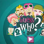Karaktere të ilustruara me fytyra të ndryshme mbi një sfond jeshil, me tekstin Guess Who?