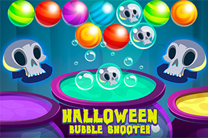 Topa me ngjyra dhe kafkë skeleti me sfond blu dhe tekst Halloween Bubble Shooter