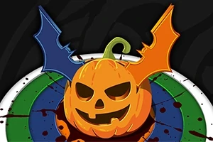 Kungull Halloweeni me sy dhe gojë të prerë, i rrethuar nga krahët shumëngjyrësh dhe njolla gjaku në sfondin e errët