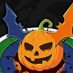 Kungull Halloweeni me sy dhe gojë të prerë, i rrethuar nga krahët shumëngjyrësh dhe njolla gjaku në sfondin e errët