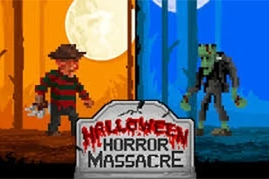 Dy personazhe të frikshëm në stil pixel art përballen në një sfond gjysmë portokalli dhe gjysmë blu, me hënën e plotë në sfond dhe një tabelë ku shkruhet Halloween Horror Massacre