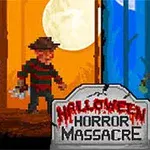 Dy personazhe të frikshëm në stil pixel art përballen në një sfond gjysmë portokalli dhe gjysmë blu, me hënën e plotë në sfond dhe një tabelë ku shkruhet Halloween Horror Massacre