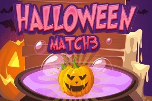 Kungull me fytyrë të qeshur në një kazan me lëng vjollcë, me sfond mbishkrimin HALLOWEEN MATCH3