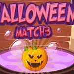 Kungull me fytyrë të qeshur në një kazan me lëng vjollcë, me sfond mbishkrimin HALLOWEEN MATCH3