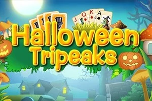 Teksti Halloween Tripeaks me letra dhe zbukurime Halloween-i, duke përfshirë kunguj dhe kërpudha, në një sfond me drita dhe shtëpi fantazmë