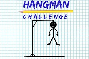 Një figurë njeriu e vizatuar me shkop qëndron e varur nga një trekëmbësh mbi një letër me katrorë, me fjalët Hangman Challenge të shkruara sipër
