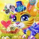Një lepur i animuar me sy të mëdhenj dhe një kapelë të kaltër ndodhet në një mjedis pranveror të zbukuruar me vezë shumëngjyrëshe dhe lule