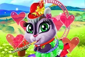Një mace vizatimore me sy të mëdhenj jeshilë dhe veshje shumëngjyrëshe, me një kapaqe të kuqe dhe ambiente me zemra dhe natyrë prapa