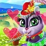 Një mace vizatimore me sy të mëdhenj jeshilë dhe veshje shumëngjyrëshe, me një kapaqe të kuqe dhe ambiente me zemra dhe natyrë prapa