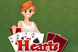 Një femër kartoni me flokë të kuqe mban letra me A në sfond të gjelbër me fjalën Hearts poshtë
