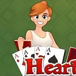 Një femër kartoni me flokë të kuqe mban letra me A në sfond të gjelbër me fjalën Hearts poshtë