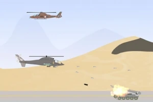 Dy helikopterë mbi një peizazh shkretëtire, ku një tank po shpërthen në një rrugë
