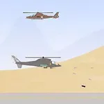 Dy helikopterë mbi një peizazh shkretëtire, ku një tank po shpërthen në një rrugë