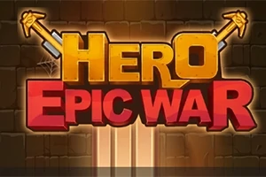 Teksti Hero Epic War i shkruar me shkronja të mëdha dhe të ndritshme mbi një sfond muri guri, me dy shpata të kryqëzuara në krye