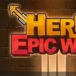 Teksti Hero Epic War i shkruar me shkronja të mëdha dhe të ndritshme mbi një sfond muri guri, me dy shpata të kryqëzuara në krye