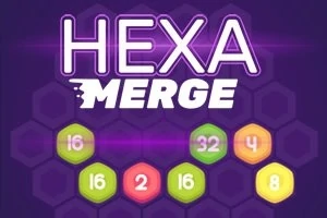 Teksti HEXA MERGE me sfond të purpurt dhe figura gjashtëkëndore të ngjyrosura me numra