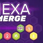 Teksti HEXA MERGE me sfond të purpurt dhe figura gjashtëkëndore të ngjyrosura me numra