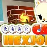 Një mace vizatimore me dukje të lezetshme qëndron pranë një oxhaku me flakë, me mbishkrimin Cats Hexjong në plan të parë