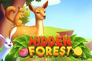 Një dre, një ketër dhe një lepur në një pyll të ndritshëm me qiell të kaltër dhe gjethe, me tekstin Hidden Forest në plan të parë