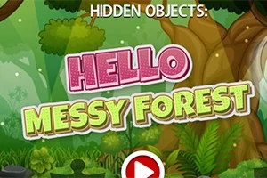 Tekst i madh i ndritshëm me fjalët HELLO MESSY FOREST mbi një sfond pylli të gjelbër dhe një buton loje në formë trekëndëshi të kuq poshtë