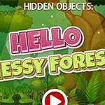 Tekst i madh i ndritshëm me fjalët HELLO MESSY FOREST mbi një sfond pylli të gjelbër dhe një buton loje në formë trekëndëshi të kuq poshtë