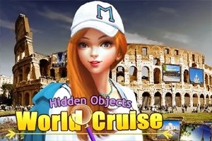 Vajzë me flokë të kuqe dhe kapele, përpara një kolosumi me tekst Hidden Objects World Cruise