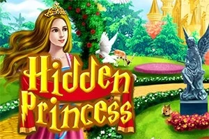 Princeshë me kurorë qëndron në një kopsht me një statujë dhe një kështjellë në sfond
