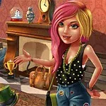 Një vajzë me flokë shumëngjyrëshe qëndron në një dhomë me shumë objekte si kupa dhe një orë, ndërsa buzëqesh dhe tregon diçka me dorë