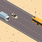 Një rrugë e drejtë në një peizazh shkretinor, me një autobus portokalli, një kamion dhe një makinë që lëvizin në drejtime të ndryshme