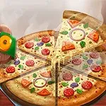 Hipopotam me kapelë kuzhinieri me logon Hippo dhe një picë me feta të ndryshme