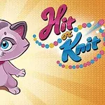 Një kotele rozë me një top leshi në sfond të verdhë pranë titullit të stilizuar Hit or Knit