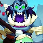 Një krijesë skeletore me sy jeshil të ndezur dhe një personazh i gjelbër me mantel blu në një sfond urban