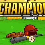Një fushë baseball-i me një dorezë, një shkop, një top dhe një helmetë të vendosur në mes, me tribunat dhe mbishkrimin CHAMPION në sfond