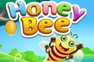 Një bletë e lumtur fluturon poshtë një shkrimi me ngjyra që thotë Honey Bee mbi një sfond me pemë dhe re