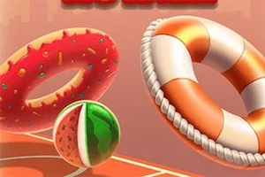 Un top formë shalqiri, një donut me sipërfaqe të kuqe dhe një unazë shpëtimi, mbi një sfond me ngjyrë portokalli