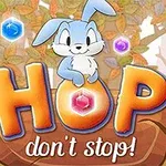 Lepuri simpatik në sfond pyjor me gurë të çmuar dhe mbishkrimin HOP dont stop!