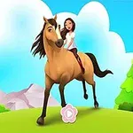 Një vajzë kalëron një kalë të bardhë në një peizazh të gjelbër me male dhe re në sfond
