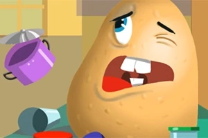 Karikaturë e një patateje me sy të çelur dhe pamje të shqetësuar me një tenxhere të vogël në sfond