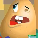 Karikaturë e një patateje me sy të çelur dhe pamje të shqetësuar me një tenxhere të vogël në sfond