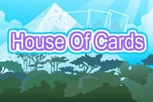 Teksti House Of Cards me efekt ndriçimi, në sfond një ndërtesë e stilizuar prej kartash dhe silueta pemësh në pjesën e poshtme