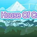 Teksti House Of Cards me efekt ndriçimi, në sfond një ndërtesë e stilizuar prej kartash dhe silueta pemësh në pjesën e poshtme