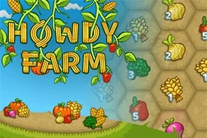 Fusha me perime dhe logoja Howdy Farm e shkruar me shkronja që duken si kallinj misri