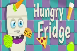Frigorifer i animuar me sy dhe gojë të hapur, me një hamburger, birrë, pizzë dhe mollë rreth tij, në një sfond me pllaka shumëngjyrëshe