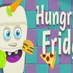 Frigorifer i animuar me sy dhe gojë të hapur, me një hamburger, birrë, pizzë dhe mollë rreth tij, në një sfond me pllaka shumëngjyrëshe